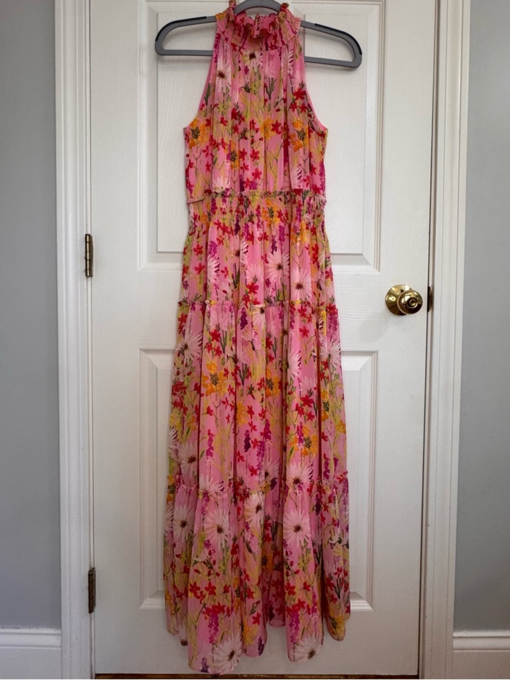 Taylor Floral Chiffon Smocked Mock Neck Maxi Dress - Pink
